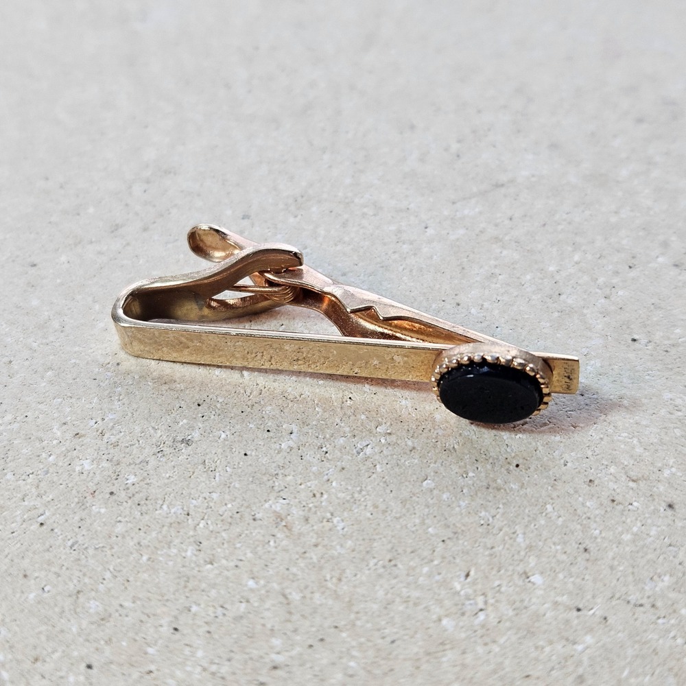 Swank Vintage Gold Tone Tie Clip with Black Onyx Oval Cabochon Beaded Bezel